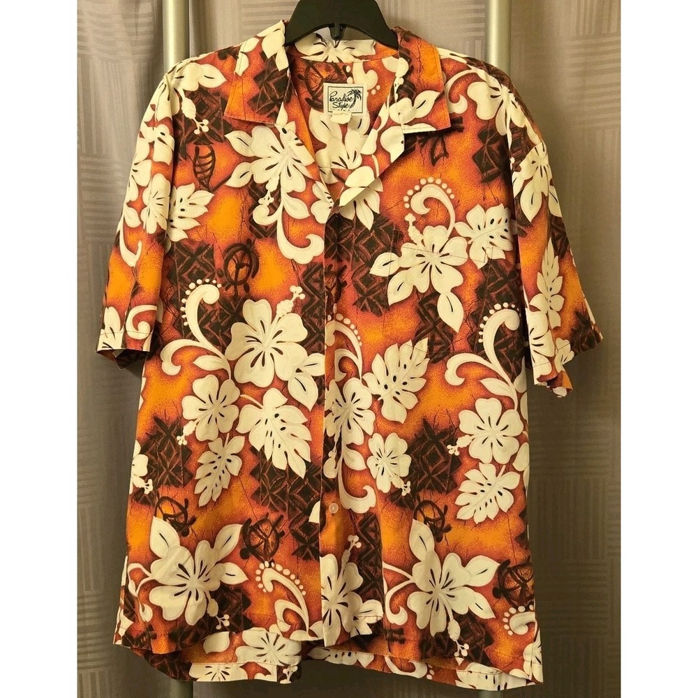 Paradise Style Hawaii Mens Short Sleeve Hawaiian Shirt  Orange Floral Print
